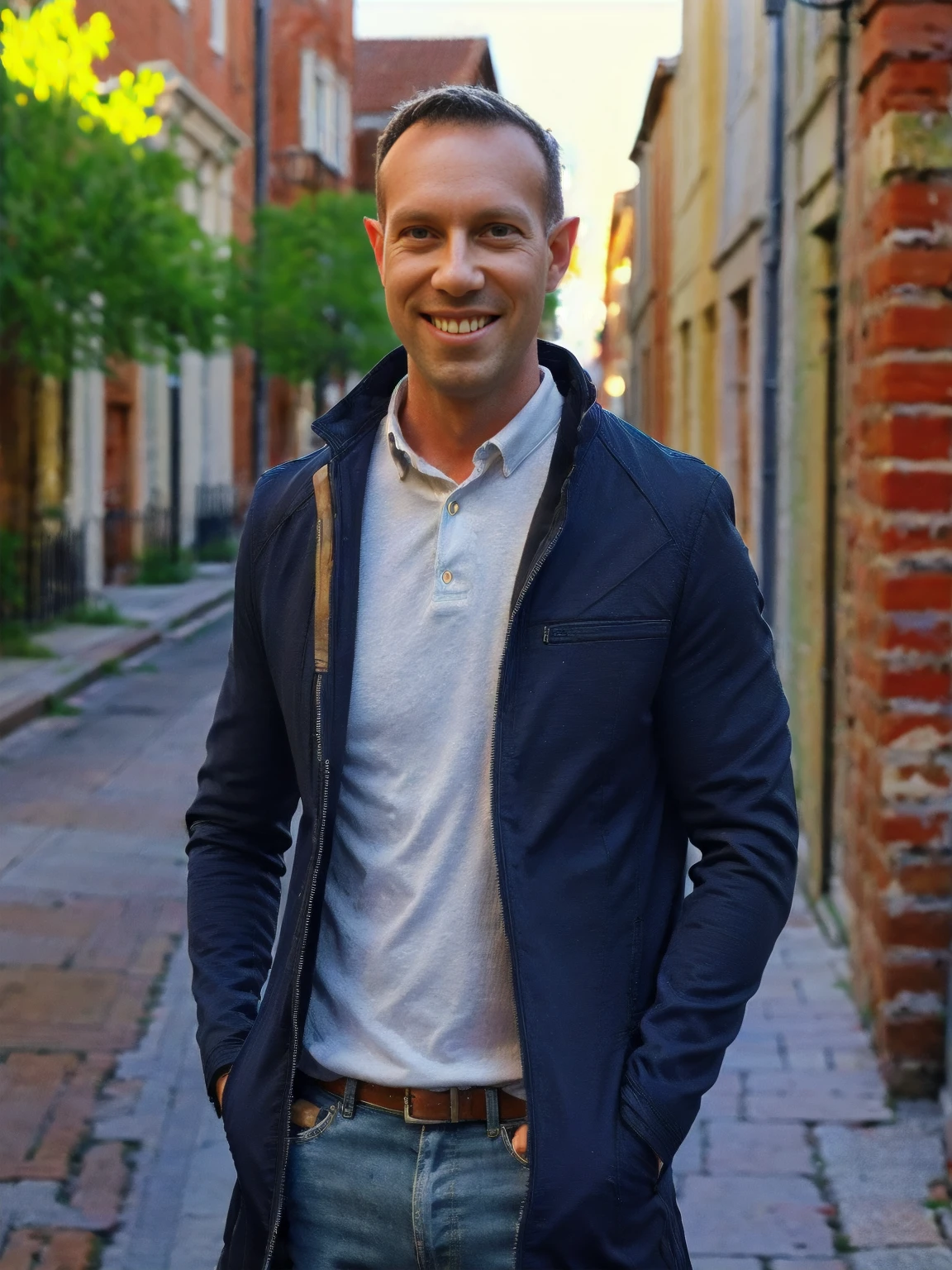 (highres,masterpiece:1.2), ultra-detailed, realistic:1.37, HDR, man ,solo, Todder8 Todder1 in the street with french coat,painted brick walls,wet cobblestone pavement,lively city atmosphere,vibrant colors,soft golden light,cool blue tones