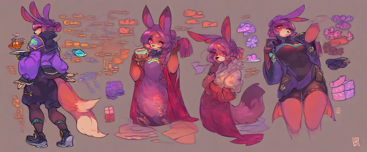 Character sheet,1  women, furry, Antro, fox, antropomorfic , pink eyes, blep, coffeesoda art style, e621, Fantazy adventurer, purple fox femboy, black boddy, purple hair, long hair, purple fur, bunny ears,purple clothing , ( ( character concept art ) ), official character art,arknights, sage ( valorant ), gestyle, character artwork.perfect anatomy imge cute. Besr coality