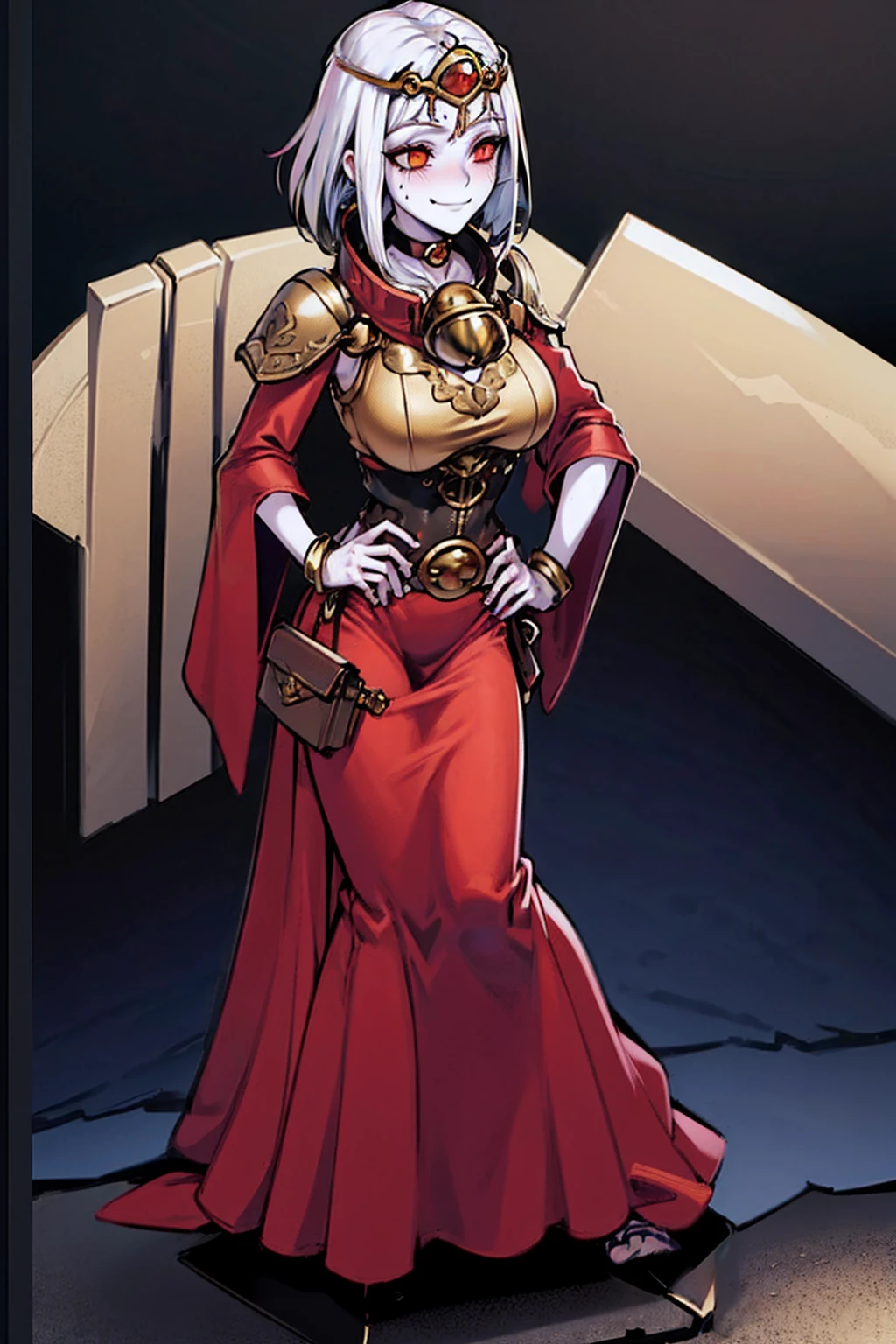 (Cassia Orsellio colored skin) ((BLACK BACKGROUND,1:2, masterpiece)) full body MILF BIMBO standing with two long thighs and two metal sandals, red eyes, two-tone hair, brown hair, silver white hair, short bob style hair, big breasts, cleavage, separate sleeves, tiara royal, long cape up to two feet, yellow bikini, hands on waist, navel, toned body, lustful smirking smiling, smile face (red blushed, red cheeks), metal shoulders, gold sleeveless armbands, black leather choker slave collar (leather choker with big golden bell), shackle bracelets, red crest, pauldrons, breastplate, leather corset, eye focus, full body, whole body, 1solo, loincloth standing, hands on hips, big belt, view from below, feet together, bracers, tiara)