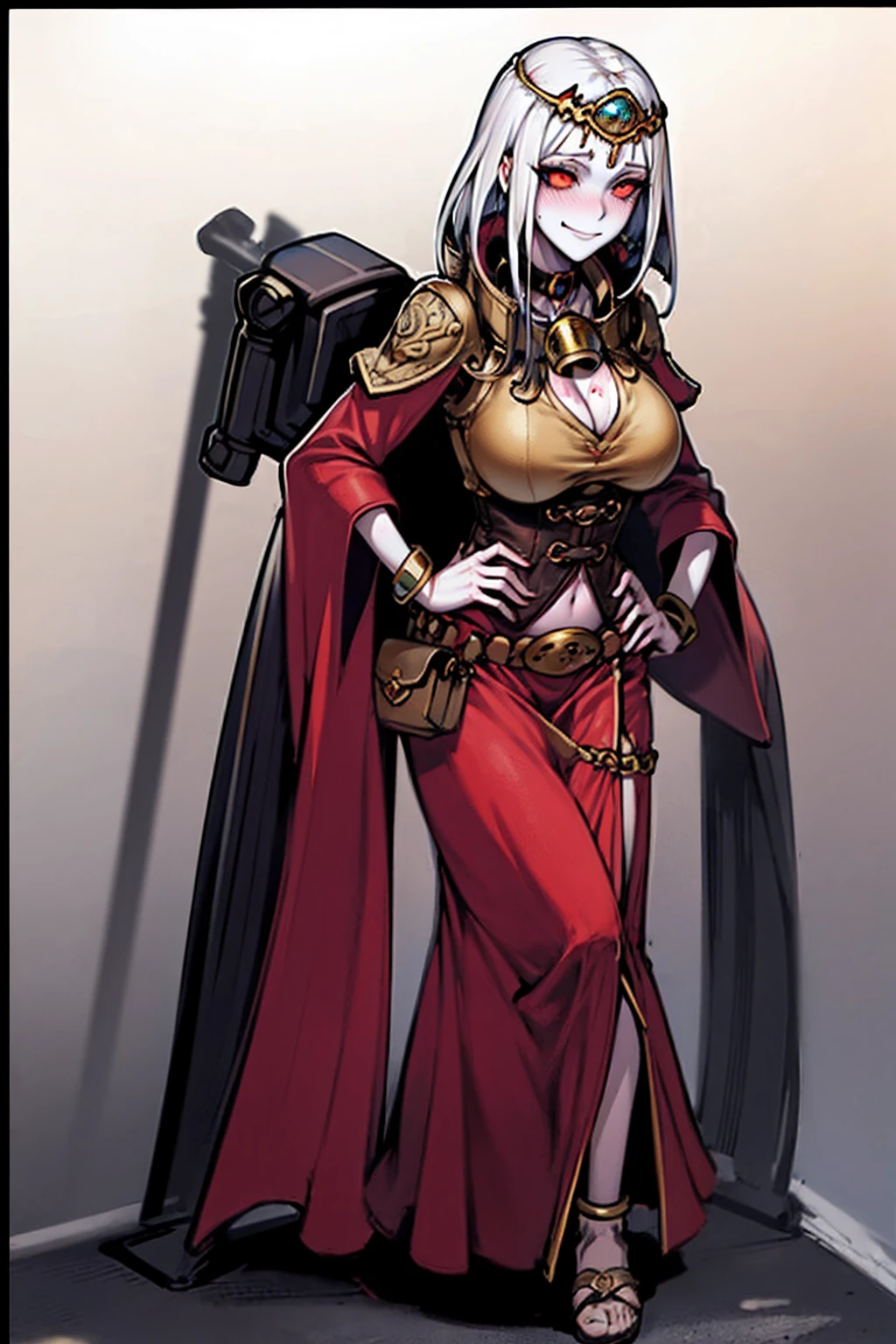 (Cassia Orsellio colored skin) ((BLACK BACKGROUND,1:2, masterpiece)) full body MILF BIMBO standing with two long thighs and two metal sandals, red eyes, two-tone hair, brown hair, silver white hair, short bob style hair, big breasts, cleavage, separate sleeves, tiara royal, long cape up to two feet, yellow bikini, hands on waist, navel, toned body, lustful smirking smiling, smile face (red blushed, red cheeks), metal shoulders, gold sleeveless armbands, black leather choker slave collar (leather choker with big golden bell), shackle bracelets, red crest, pauldrons, breastplate, leather corset, eye focus, full body, whole body, 1solo, loincloth standing, hands on hips, big belt, view from below, feet together, bracers, tiara)