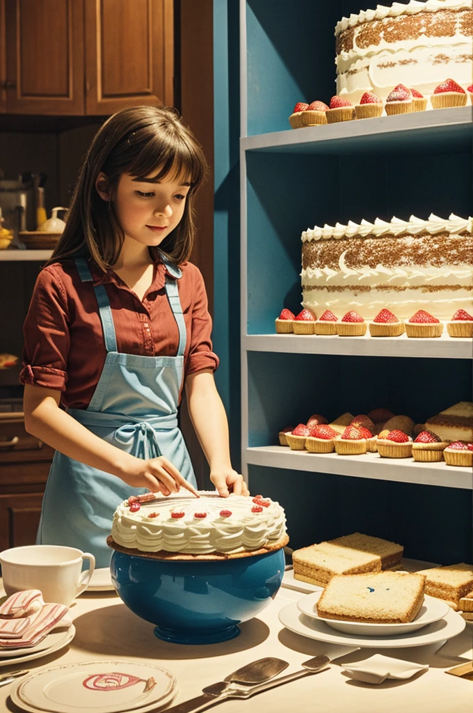 illustration for the film, girl prepares a large cake to order 