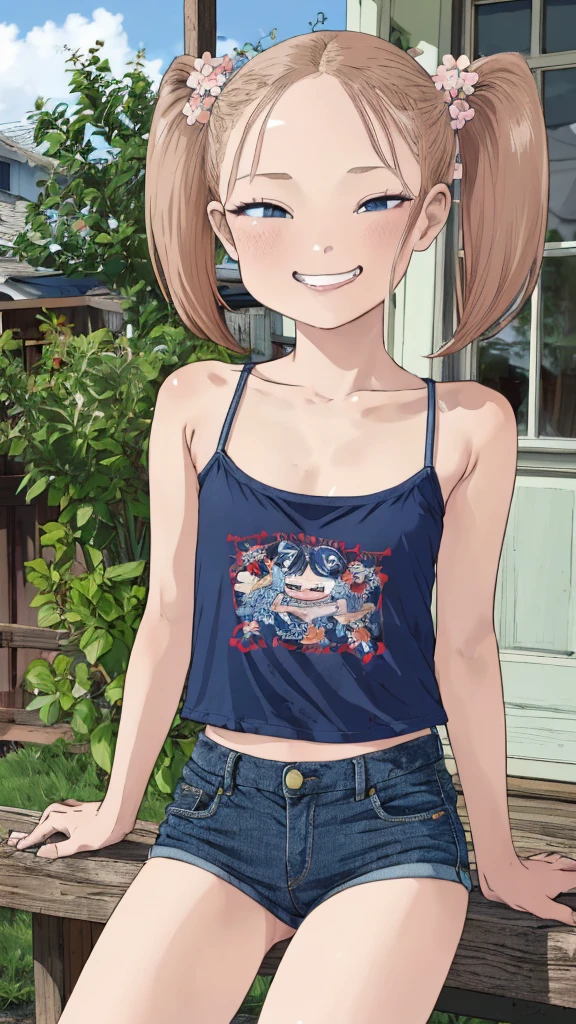 best quality, masterpiece, detailed,2d,flat color, 1girl,yo,petit,grin,camisole,denim shorts,socks,outdoor,small breasts,twintail,