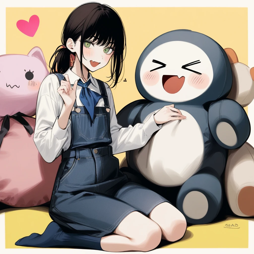 1girl, syhan, chainsaw man, mitaka asa, yoru \(chainsaw man\), absurdres, official art, :d, > <, black hair, blue neckerchief, blue skirt, blue socks, border, choppy bangs, fang, green eyes, heart, neckerchief, open mouth, overall skirt, ponytail, seiza, shirt, sitting, skin fang, skirt, smile, socks, stuffed toy, two-tone background, white border, white shirt, yellow background, ((very aesthetic, best quality, ultra detailed)), painterly