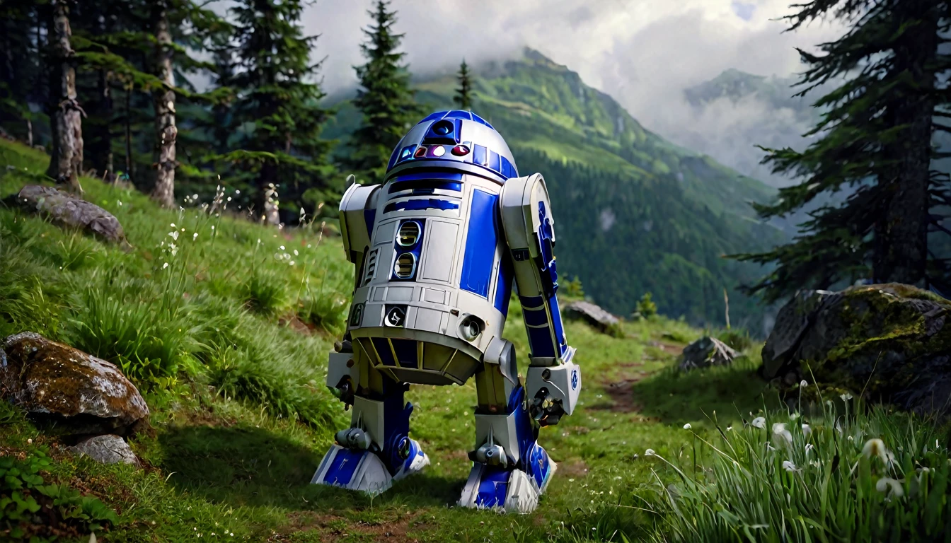 Viking warrior, dwarf dressed in armor exactly like R2d2, his armor is R2d2, long, white beard, walking along a mountain, the ground covered by green grass, beautiful forests in the background, ethereal atmosphere, cinematic lighting, photorealistic, (best quality,8k,highres,masterpiece:1.2),ultra-detailed,realistic,photo-realistic:1.37,dramatic lighting,moody,fantasy,concept art