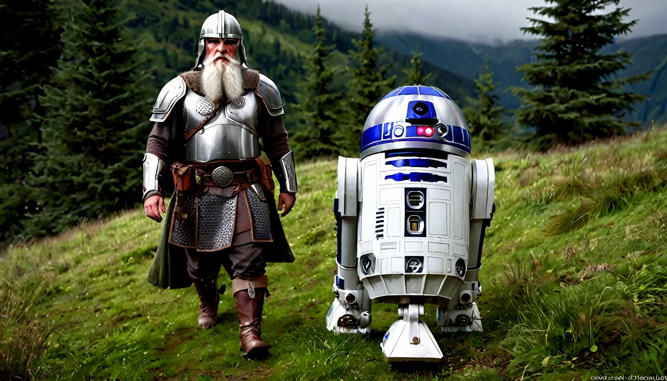 Viking warrior, dwarf dressed in armor exactly like R2d2, his armor is R2d2, long, white beard, walking along a mountain, the ground covered by green grass, beautiful forests in the background, ethereal atmosphere, cinematic lighting, photorealistic, (best quality,8k,highres,masterpiece:1.2),ultra-detailed,realistic,photo-realistic:1.37,dramatic lighting,moody,fantasy,concept art