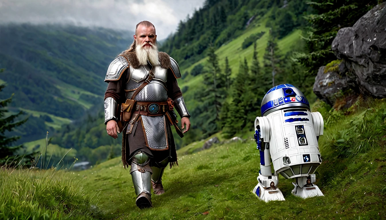 Viking warrior, dwarf dressed in armor exactly like R2d2, his armor is R2d2, long, white beard, walking along a mountain, the ground covered by green grass, beautiful forests in the background, ethereal atmosphere, cinematic lighting, photorealistic, (best quality,8k,highres,masterpiece:1.2),ultra-detailed,realistic,photo-realistic:1.37,dramatic lighting,moody,fantasy,concept art