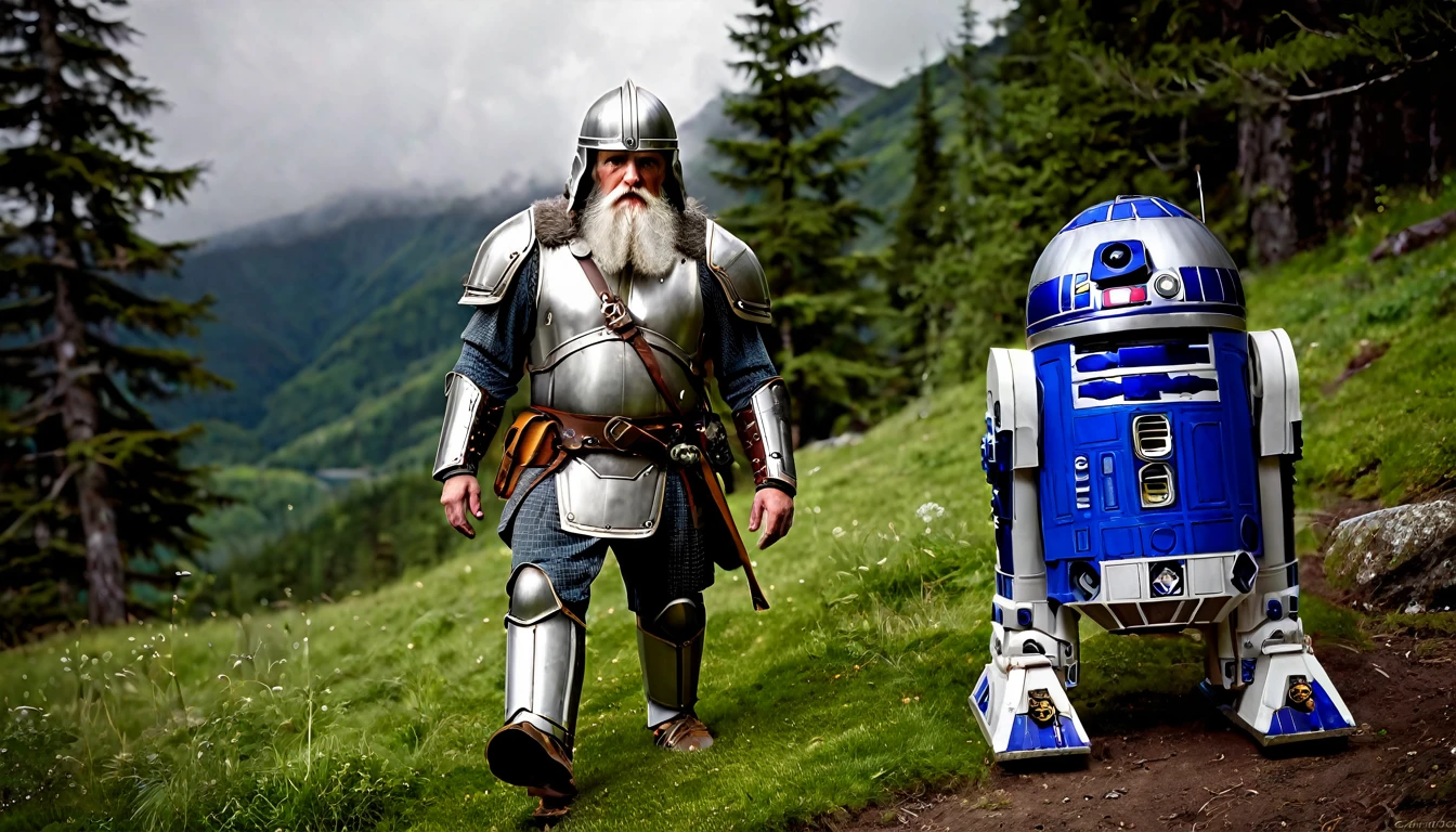 Viking warrior, dwarf dressed in armor exactly like R2d2, his armor is R2d2, long, white beard, walking along a mountain, the ground covered by green grass, beautiful forests in the background, ethereal atmosphere, cinematic lighting, photorealistic, (best quality,8k,highres,masterpiece:1.2),ultra-detailed,realistic,photo-realistic:1.37,dramatic lighting,moody,fantasy,concept art