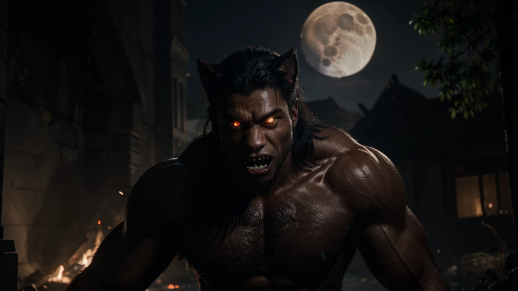 werewolf, Inferno, fog, muscular body, ashes, Sparks, horror, teeth, moon, glowing eyes, hyperreal, hyperdetailing, complex parts, 4K, professional photo, Lumen