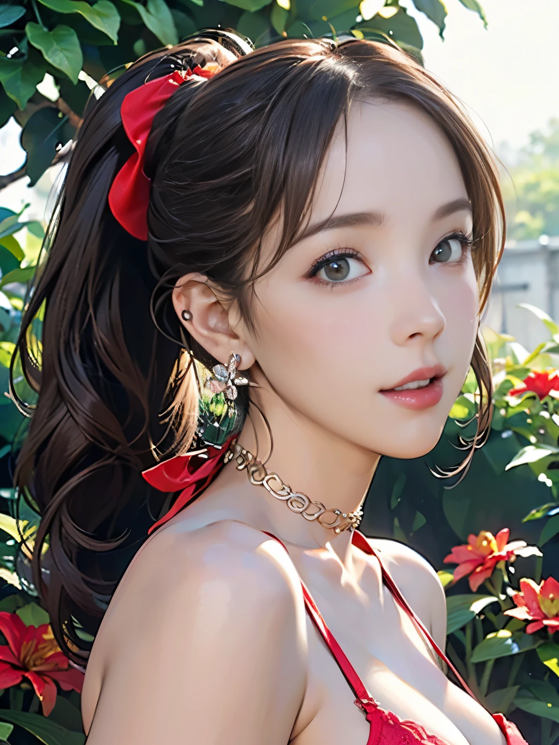 ((((Highest quality))))、(((Ultra-precision CG16K wallpaper)))、(((masterpiece)))、(((Super detailed)))、(((Extreme detail)))、((1Mature 29 year old woman:1.6))、((Very beautiful Japan face of a person))、((Urizane Face:1.8))、((One curl ponytail hair:1.6))、(Shiny Hair)、A delicately drawn beautiful face、(Dark Eyes、Detailed pupil and iris、Detailed eyelashes、Reflected light from the eye)、double eyelid、High nose、Small nostrils、Small Mouth、Seductive lips、Beautiful breasts、((C cup size breasts))、Perfect proportions、Perfect Anatomy、Perfect composition、Beautiful detailed shading、Beautiful, natural lighting、Beautiful detail glow、Depth of written boundary、(((High chroma)))、(((Real:1.9)))、((vivid:1.5))、((Beautiful Skin))、((Skin Texture))、((Realな皮膚感))、(((Bust Shot:1.6)))、(((front view、shoot from front、front low angle:1.6)))、(((Half-open mouth、Surprised face:1.4)))、(((looking at viewer:1.6)))、Bright daylight、Natural light、(((background_Flower Garden:1.5)))、((Salmon pink micro bikini bra))、(Standing pose:1.6)、((Scrunchie Ribbon、choker、Wearing earrings:1.5))、