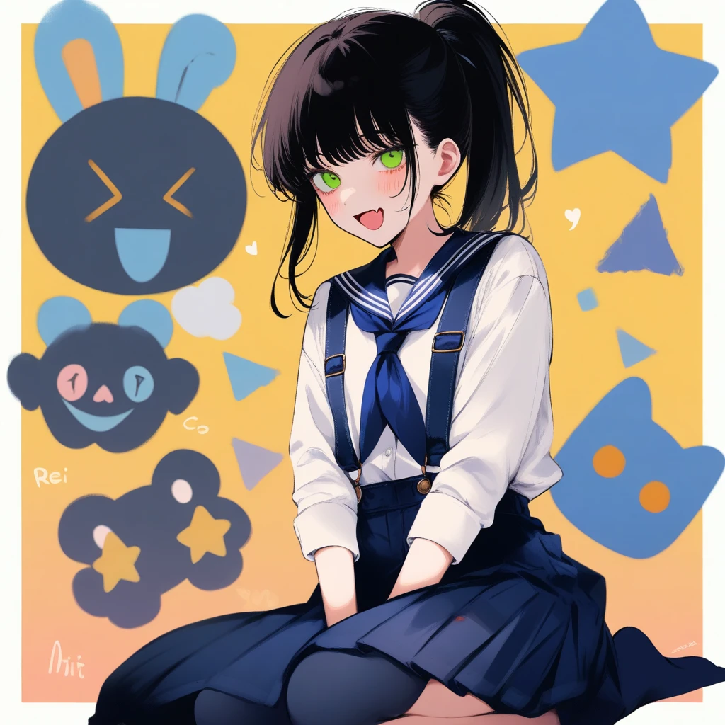 1girl, rei \(rei's room\), chainsaw man, mitaka asa, yoru \(chainsaw man\), absurdres, official art, :d, > <, black hair, blue neckerchief, blue skirt, blue socks, border, choppy bangs, fang, green eyes, heart, neckerchief, open mouth, overall skirt, ponytail, seiza, shirt, sitting, skin fang, skirt, smile, socks, stuffed toy, two-tone background, white border, white shirt, yellow background, ((very aesthetic, best quality, ultra detailed)), painterly