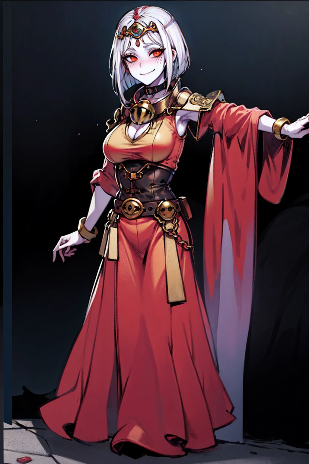 (Cassia Orsellio colored skin) ((BLACK BACKGROUND,1:2, masterpiece)) full body MILF BIMBO standing with two long thighs and two metal sandals, red eyes, two-tone hair, brown hair, silver white hair, short bob style hair, big breasts, cleavage, separate sleeves, tiara royal, long cape up to two feet, yellow bikini, hands on waist, navel, toned body, lustful smirking smiling, smile face (red blushed, red cheeks), metal shoulders, gold sleeveless armbands, black leather choker slave collar (leather choker with big golden bell), shackle bracelets, red crest, pauldrons, breastplate, leather corset, eye focus, full body, whole body, 1solo, loincloth standing, hands on hips, big belt, view from below, feet together, bracers, tiara)