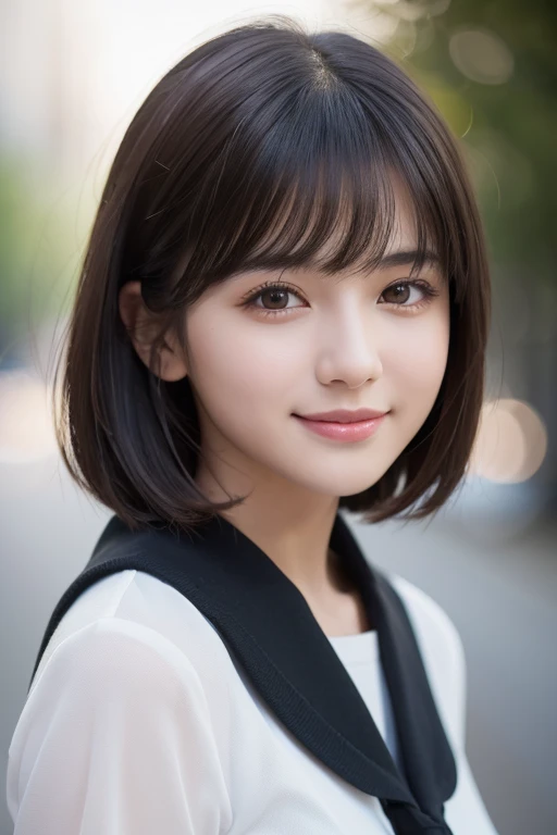 girl, White skin, Short dark brown tiered hair, V cut with layers and bangs, Brown eyes, Soft atmosphere characteristics (Highest quality, Ultra-high resolution, 8K, RAW Photos, Ultra-high resolution: 1.2, masterpiece: 1.2), (Realistic, Realistic: 1.37), Super detailed, Professional Lighting, Photon Mapping, Radio City, Physically Based Rendering, Japanese, One Girl, alone, Black Hair, cute, Nice, Adorable, A light smile, Normal chest, school uniform