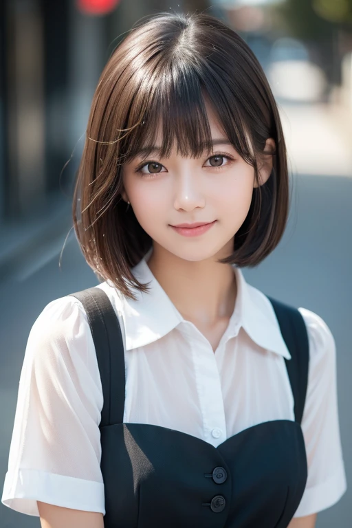 girl, White skin, Short dark brown tiered hair, V cut with layers and bangs, Brown eyes, Soft atmosphere characteristics (Highest quality, Ultra-high resolution, 8K, RAW Photos, Ultra-high resolution: 1.2, masterpiece: 1.2), (Realistic, Realistic: 1.37), Super detailed, Professional Lighting, Photon Mapping, Radio City, Physically Based Rendering, Japanese, One Girl, alone, Black Hair, cute, Nice, Adorable, A light smile, Normal chest, school uniform