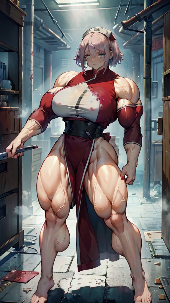 ((bloodstains)), ((respingos de bloodstains)), ((bloodstains nas roupas)), ((mancha de bloodstains)), hospital, (nurse uniform), (has an electric saw), (zombie's), absurderes, foto RAW, extremely delicate and beautiful, Masterpiece artwork, muscular woman, extremamente musculosa extremely large physique, extremely muscular legs, extremely muscular arms, extremely large physique, very muscular,best qualityer, ultra-high resolution, 32k, hyper realist, ultra-detailed, Detailed Description, skin fair, 20 year, crying mole, 耳环, Colossal, short medium hair, wavyhair, evil smile, full body shot,