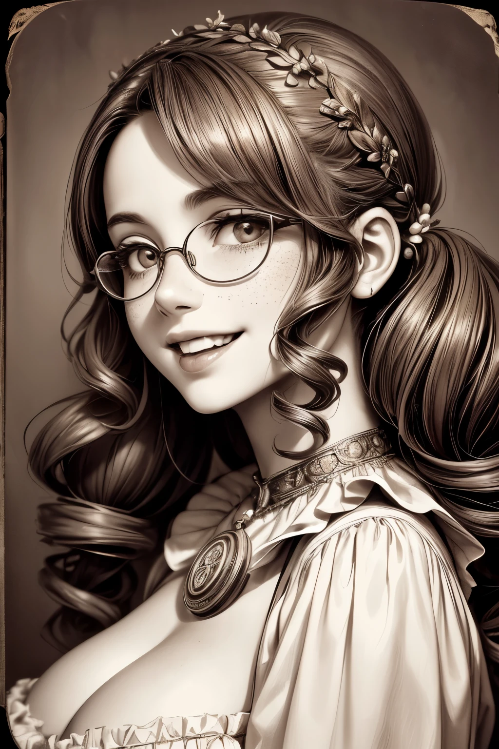 (masterpiece), best quality, expressive eyes, perfect face, Artwork, best quality, ultra-detailed, 1girl, long hair, 1930s vintage photography, monochrome dress, vintage color palette, ((curly hair)), dress with ruffles, smiling smile, freckles on face, ((old photo effect)), large breasts, ((sepia effect)), breasts larger than head, ((portrait in a medallion)), ((locket)), ((pic in locket)), ((portrait in round medallion)), photography of a woman in a locket, signature at the bottom of the photo, Initials T.J in signature, face profile photography, round glasses, provocative cleavage, face profile photography, lipstick in pic, shining eyes, twintails, laughing laugh, laughing, ((mold particles around the edges of the photograph)), laughing with your mouth open, flowers in hair, ((signatured photography)), huge breasts, large breasts, gigantic breasts, fleshy mouth lips, ((mold particles)), hood in head