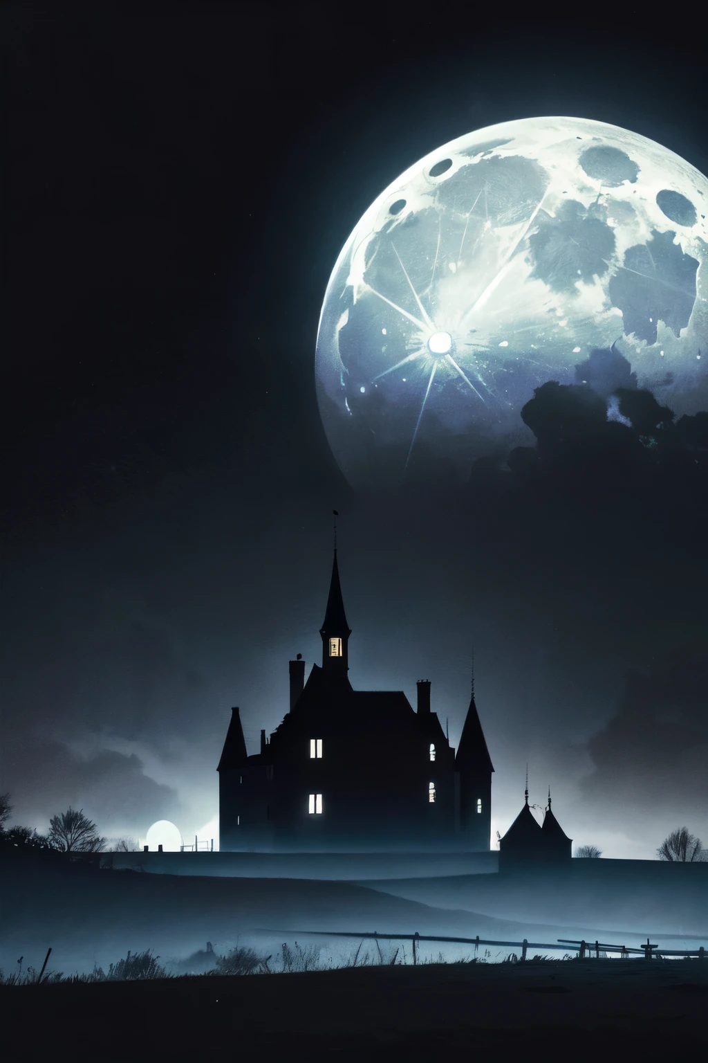 Dans le style des peintres impressionnistes et un ambiance sombre En arrière plan un croissant de lune sous une nuit noir et et verte sans étoile en second plan un manoir imposant sur une colline illuminer par la lune en premier plan une silhouette noir masculine de dos regardant le manoir