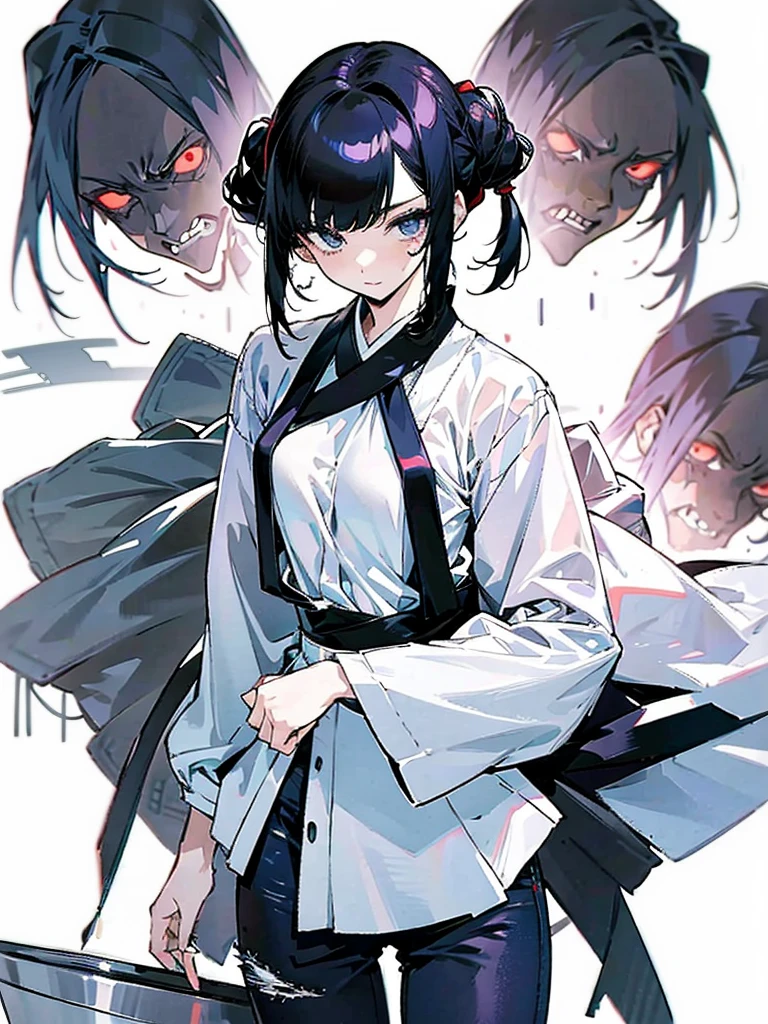 pale, black haired, japanese girl. She has a bob hairstyle. Slender and lean body, small breasts and hips, her expression is cold, she has sharp eyes, wears a white blouse and tight, black jeans