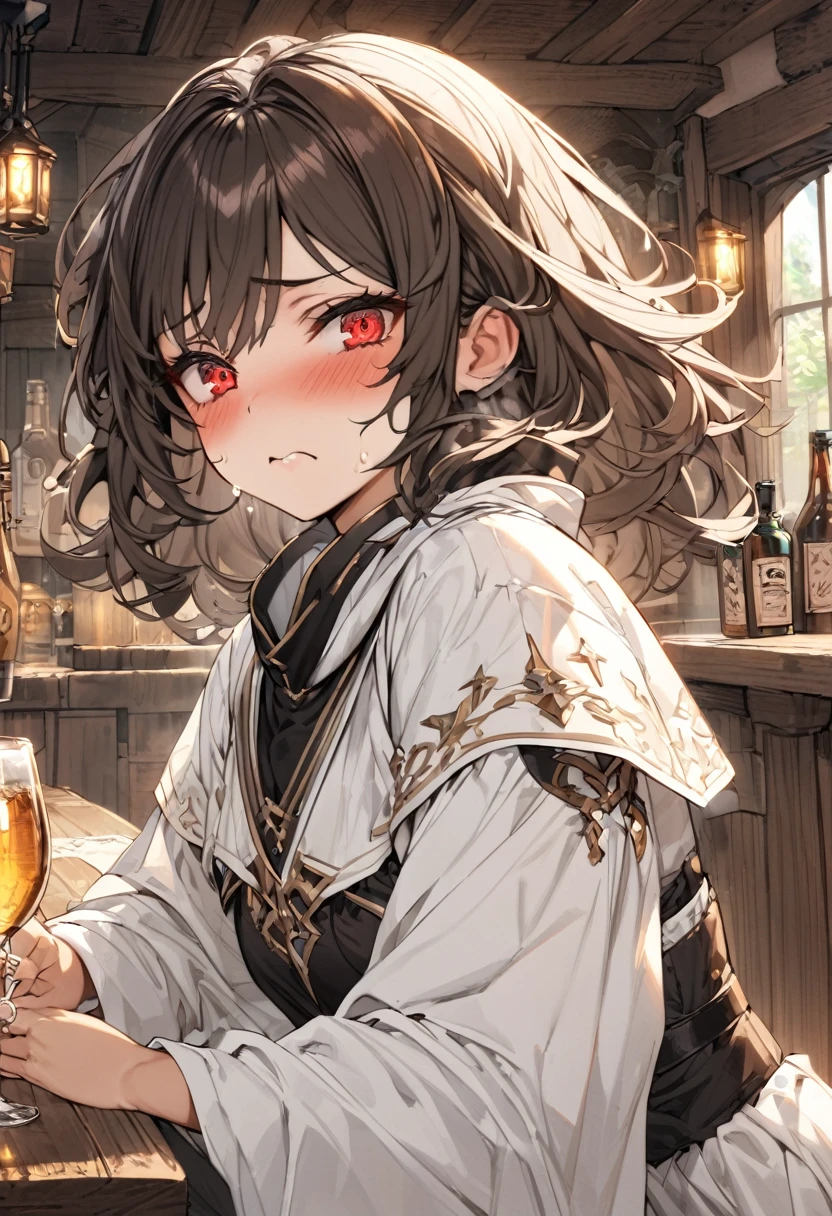 Adult female, fantasy, very short dark brown hair, red eyes, cleric, black on white cleric robes, blushing, drunken yelling, tavern, sad tsundere, drunk, highly detailed, best detail, high quality, perfect eyes, expressive eyes,