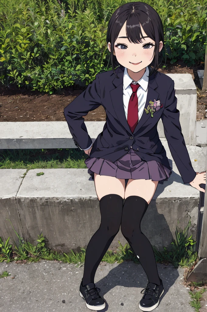 best quality, masterpiece, detailed,2d,flat color, 1girl,yo,petit,,outdoor,miniskirt,thighhighs,shoes,blazer