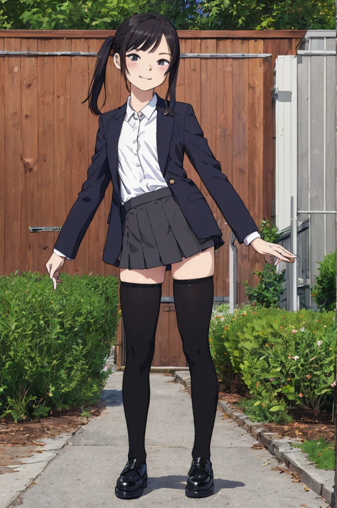 best quality, masterpiece, detailed,2d,flat color, 1girl,yo,petit,,outdoor,miniskirt,thighhighs,shoes,blazer