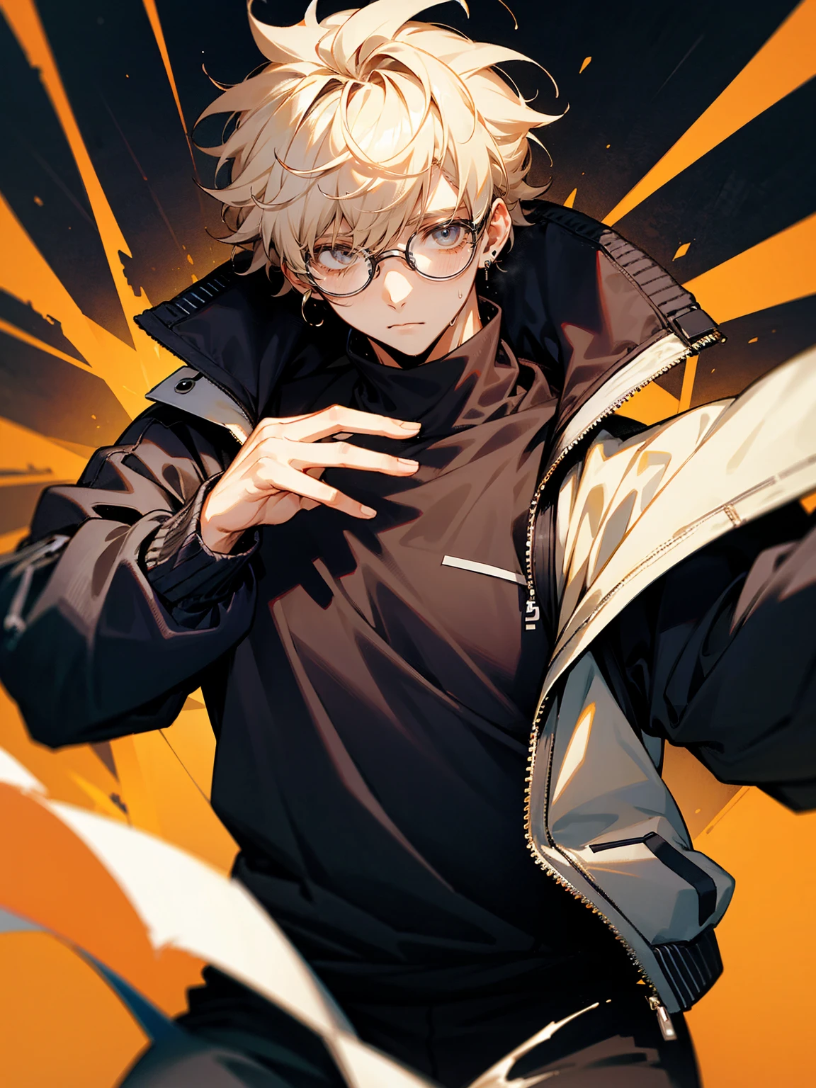 1male, cream hair, messy hair, glasses, earrings, varsity jacket, black sweat shirt, techwear pants, confident