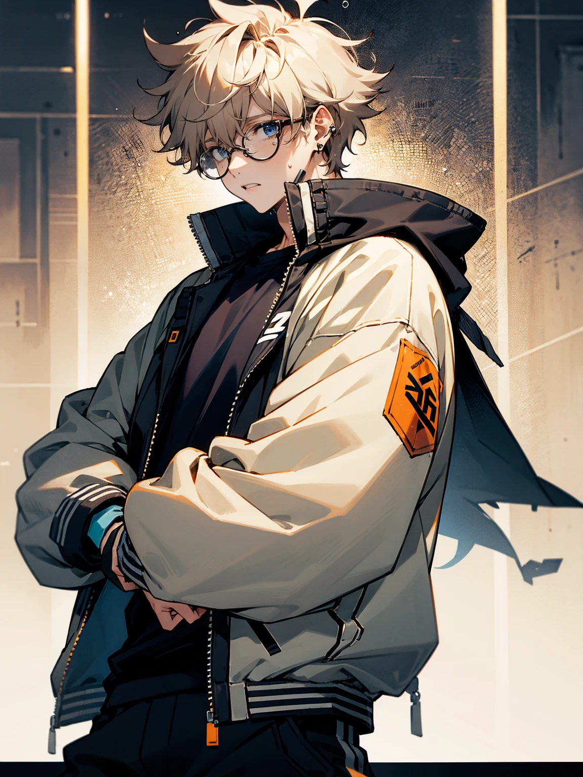 1male, cream hair, messy hair, glasses, earrings, varsity jacket, black sweat shirt, techwear pants, confident