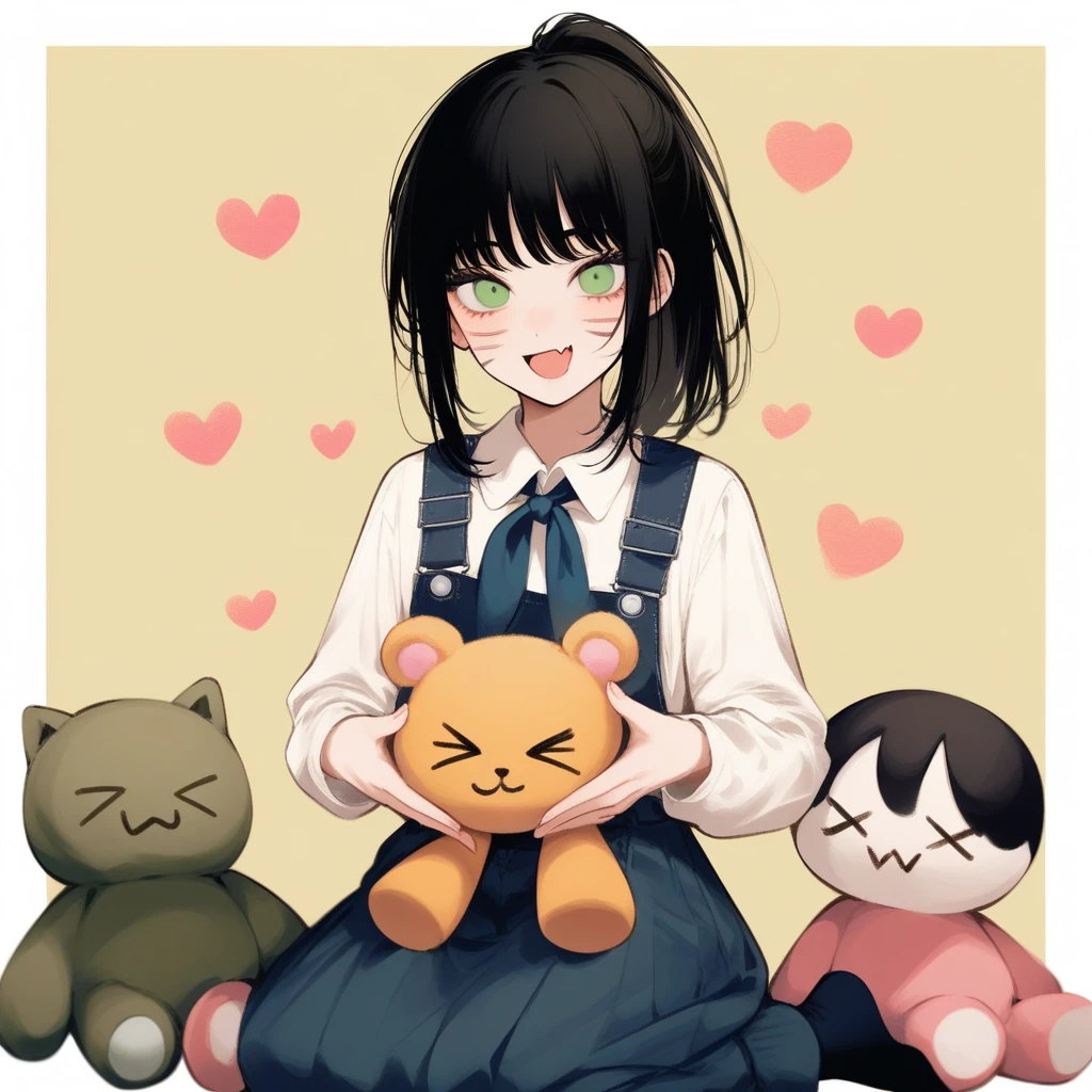 1girl, ayakashi \(monkeypanch\), chainsaw man, mitaka asa, yoru \(chainsaw man\), absurdres, official art, :d, > <, black hair, blue neckerchief, blue skirt, blue socks, border, choppy bangs, fang, green eyes, heart, neckerchief, open mouth, overall skirt, ponytail, seiza, shirt, sitting, skin fang, skirt, smile, socks, stuffed toy, two-tone background, white border, white shirt, yellow background, ((very aesthetic, best quality, ultra detailed)), painterly