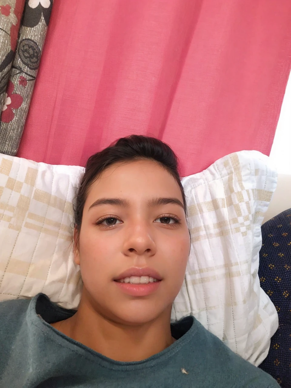 (((hd closeup photo))) lying in bed argentine girl mikaela Sorin looking at camera, miling. , in his messy teenager roo(mikaela Sorin)))