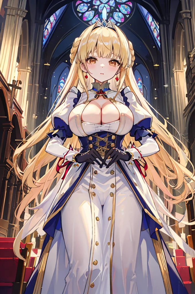 masterpiece，8K，A woman with big tits，Gorgeous woman，transparent，Long blond hair，big hair，((hime cut))，Gorgeous jewelry，Crystal Hair Accessories，Cleavage，pubic，In front of the altar of the majestic church、（Blurred background）、Brighter light，(Elegant gloss）、Lots of ribbons、((Puffy sleeves))、Long cuffs，Multi-button、Gold embroidery、Long trains、White embroidered gloves、Five fingers、red cheeks，nsfw，