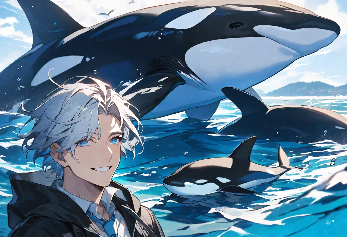 solo, handsome, 1 male, short hair, black and white color hair, pale blue eyes, white shirt, light blue tie, black hooded, smile facial, sea, orca