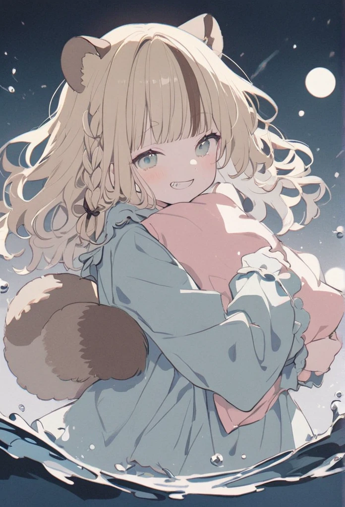 anime,(pale colors:1.8),long shot, 1girl, solo, (on right:1.3), full body, solo, grin, smile, holding pillow, sleepy eyes, fang, light yellow hair, racoon ears, racoon tail, (brown streaked hair:1.3), side braid, (blunt bangs), wavy hair,thick eyebrows, pajamas, night cap, water background,