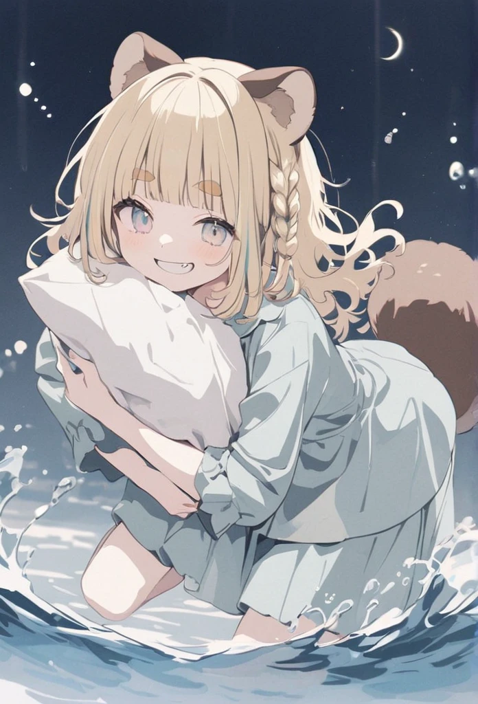 anime,(pale colors:1.8),long shot, 1girl, solo, (on right:1.3), full body, solo, grin, smile, holding pillow, sleepy eyes, fang, light yellow hair, racoon ears, racoon tail, (brown streaked hair:1.3), side braid, (blunt bangs), wavy hair,thick eyebrows, pajamas, night cap, water background,