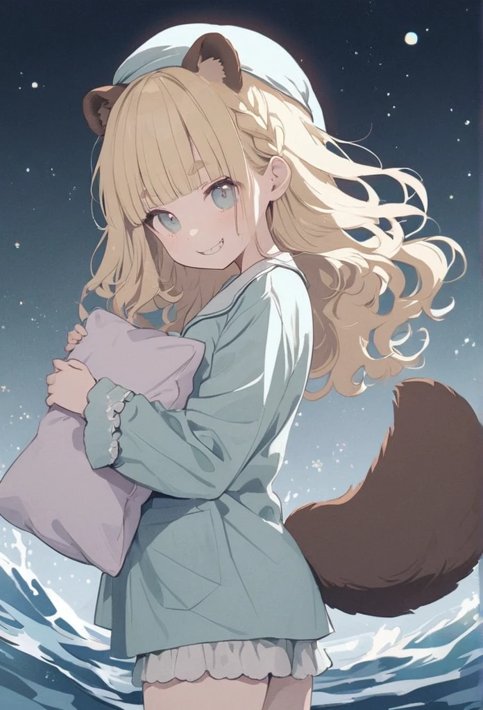 anime,(pale colors:1.8),long shot, 1girl, solo, (on right:1.3), full body, solo, grin, smile, holding pillow, sleepy eyes, fang, light yellow hair, racoon ears, racoon tail, (brown streaked hair:1.3), side braid, (blunt bangs), wavy hair,thick eyebrows, pajamas, night cap, water background, 