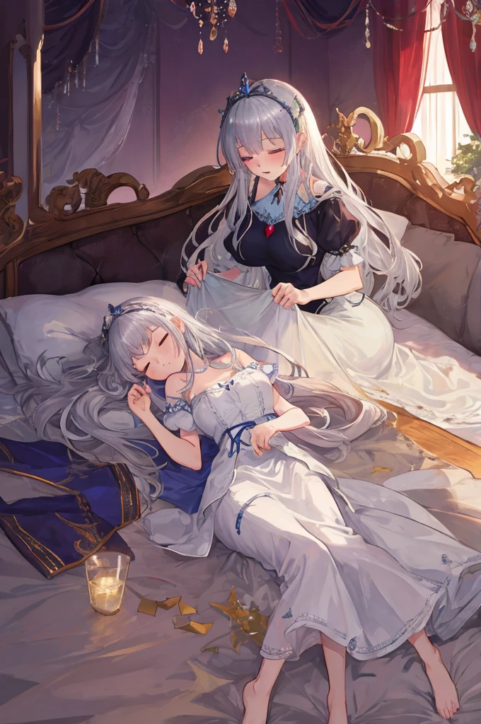 Fairy Tale Style,sleeping Beauty,A woman with big ,Silver long hair,(Super short)Nightdress,weak,bedroom,(nsfw:0.5),