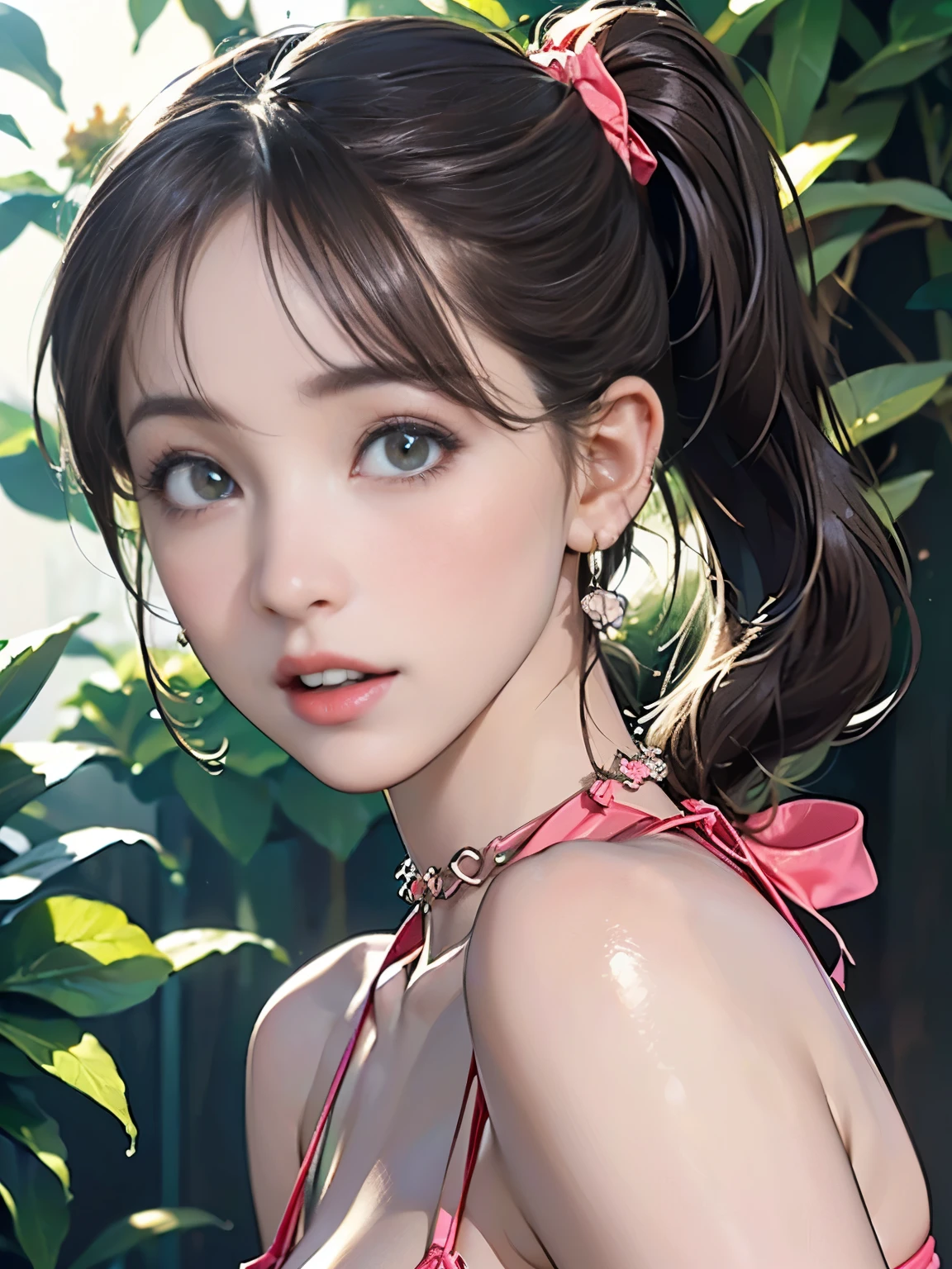 ((((Highest quality))))、(((Ultra-precision CG16K wallpaper)))、(((masterpiece)))、(((Super detailed)))、(((Extreme detail)))、((１Mature 29 year old woman:1.6))、((Very beautiful Japan face of a person))、((Urizane Face:1.8))、((One curl ponytail hair:1.6))、(Shiny Hair)、A delicately drawn beautiful face、(Dark Eyes、Detailed pupil and iris、Detailed eyelashes、Reflected light from the eye)、double eyelid、High nose、Small nostrils、Small Mouth、Seductive lips、Beautiful breasts、((C cup size breasts))、Perfect proportions、Perfect Anatomy、Perfect composition、Beautiful detailed shading、Beautiful, natural lighting、Beautiful detail glow、Depth of written boundary、(((High chroma)))、(((Real:1.9)))、((vivid:1.5))、((Beautiful Skin))、((Skin Texture))、((Realな皮膚感))、(((Bust Shot:1.6)))、(((front view、shoot from front、front low angle:1.6)))、(((Half-open mouth、Surprised face:1.4)))、(((looking at viewer:1.6)))、Bright daylight、Natural light、(((background_Flower Garden:1.5)))、((Salmon pink micro bikini bra))、(Standing pose:1.6)、((Scrunchie Ribbon、choker、Wearing earrings:1.5))、