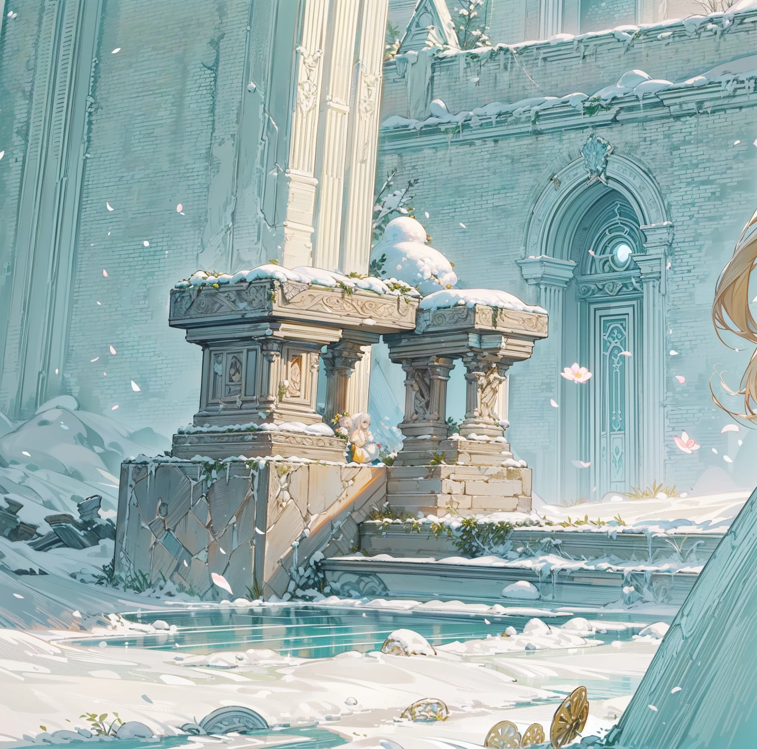 ((best quality,masterpiece,Extremely complex and exquisite details)),(white hair,long skirt,Beautiful bright and exquisite ancient style white castle architectural background),(Exquisite fantasy dream style,Snow,Falling Flowers,Rose,The great outdoors)