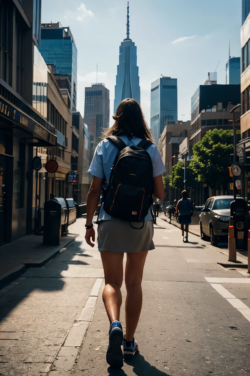 a globetrotter backpack, person walking away from camera in a metropolitan city, in a street cityscape with skyscrapers, detailed architecture, warm lighting, vibrant colors, cinematic atmosphere, 8k, realistic, photorealistic, masterpiece, intricate details, depth of field, dramatic shadows, striking composition