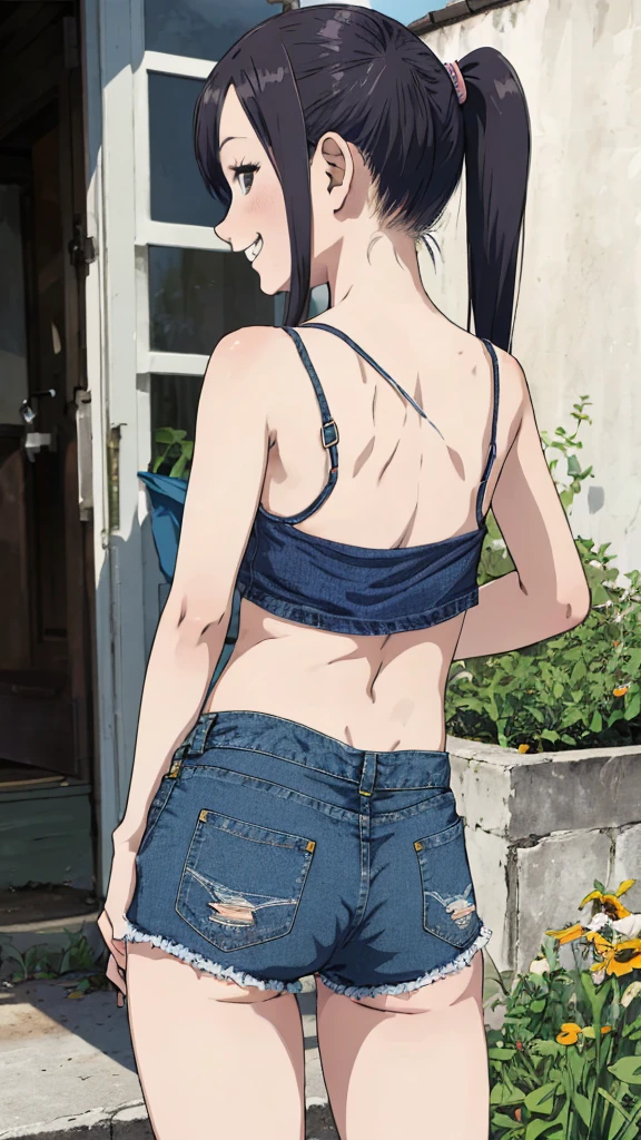 best quality, masterpiece, detailed,2d,flat color, 1girl,14yo,petit,grin,camisole,denim shorts,socks,outdoor,small breasts,twintail,ass,from back