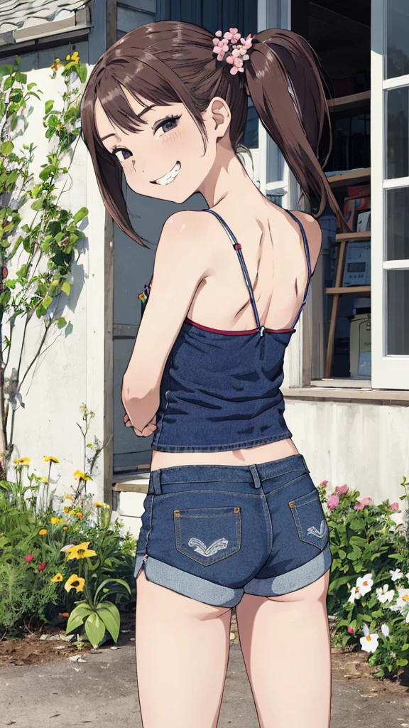 best quality, masterpiece, detailed,2d,flat color, 1girl,****,petit,grin,camisole,denim shorts,socks,outdoor,small breasts,twintail,ass,from back