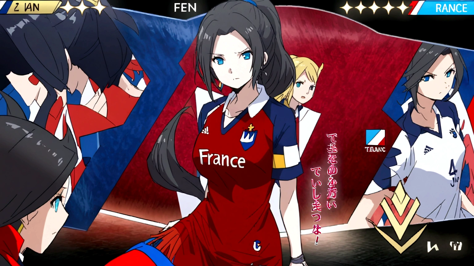 (anime,2D)Women,soccer player,black fur,wide,fringe,collected in a ponytail,clear skin,Light blue eyes,France national team dress, In a soccer field.