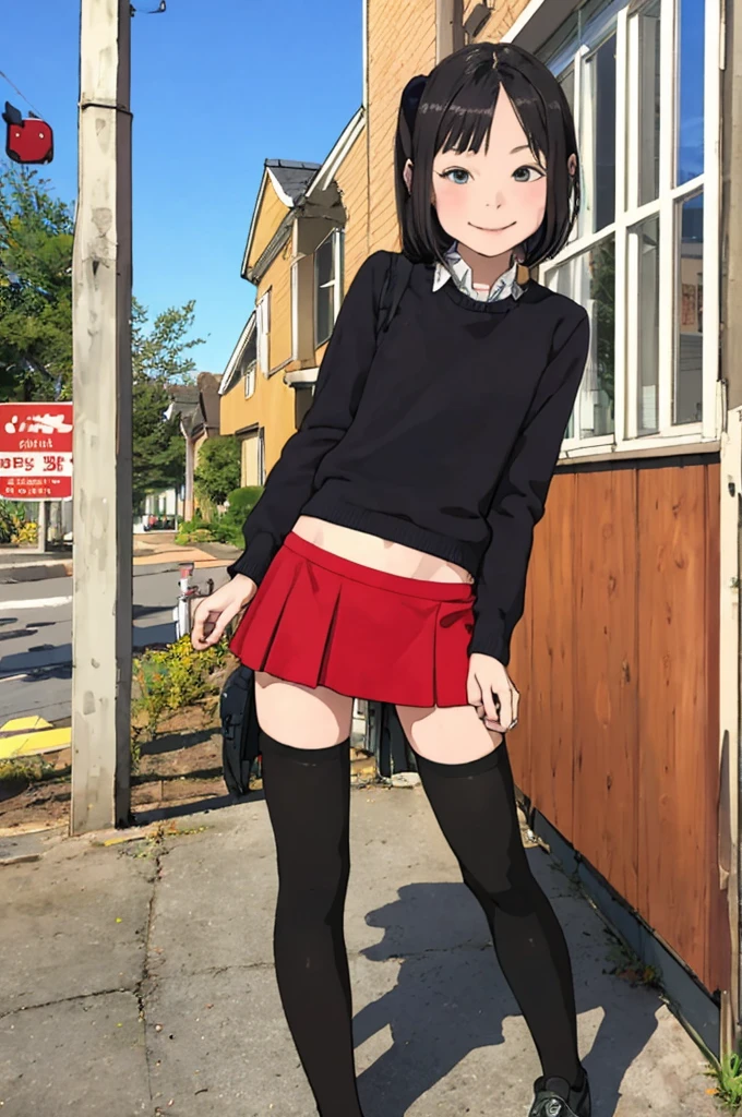 best quality, masterpiece, detailed,2d,flat color, 1girl,,petit,,outdoor,miniskirt,thighhighs,shoes