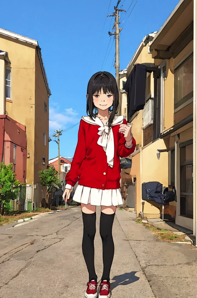 best quality, masterpiece, detailed,2d,flat color, 1girl,14yo,petit,,outdoor,miniskirt,thighhighs,shoes