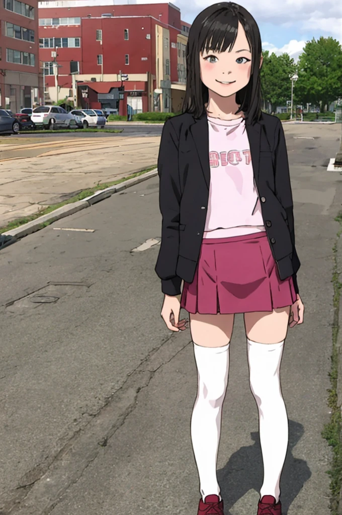 best quality, masterpiece, detailed,2d,flat color, 1girl,14yo,petit,,outdoor,miniskirt,thighhighs,shoes