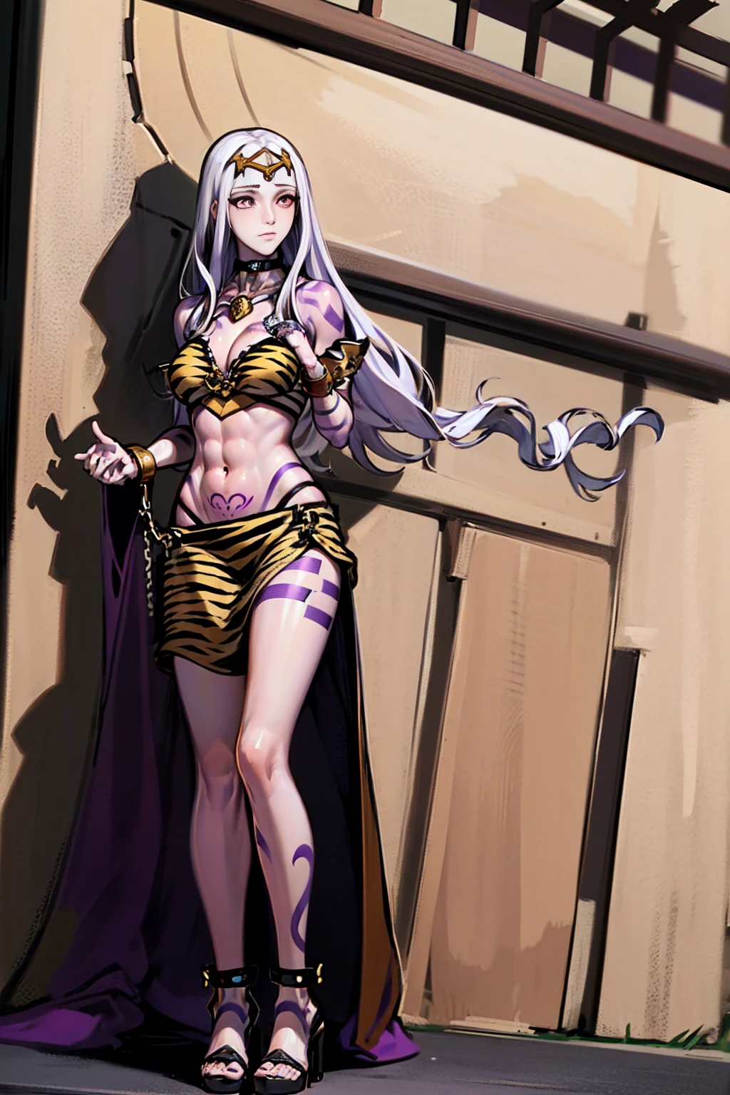 ((Masterpiece, whole body,ultra detailed,illustration,beautiful,amazing)), 1 girl, Celica fire emblem, Celica, (Sex slave tattoo on navel., ABS, exposed stomach, shackles on hands and legs, Black choker on the neck, standing straight, high heels, long white hair, purple eyes, yellow tiger striped bikini)