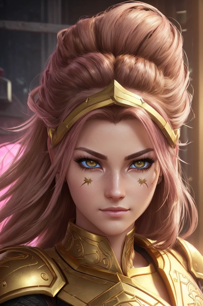 ((Quality of gamers)), ((golden eyes with a light shade of pink)), ((art not style baldur gate 3)), ((light brown hair)), ((1womanl)), ((look parkur)), ((gold armor with black)), ((a small scar on the left side of the cheek)), ((well defined eyelashes)), ((PC gaming design)).