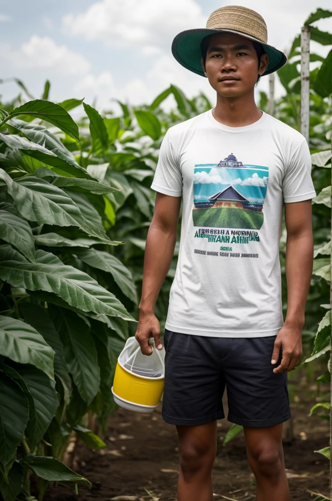 A young Indonesian farmer wearing a t-shirt that says "Amenyoh" shorts flip flops in a dystopian future, struggling to produce food on a farm, Controlled by big corporations, We have to deal with chemical pesticides and a lack of natural resources, Dreaming of a simpler and more sustainable time