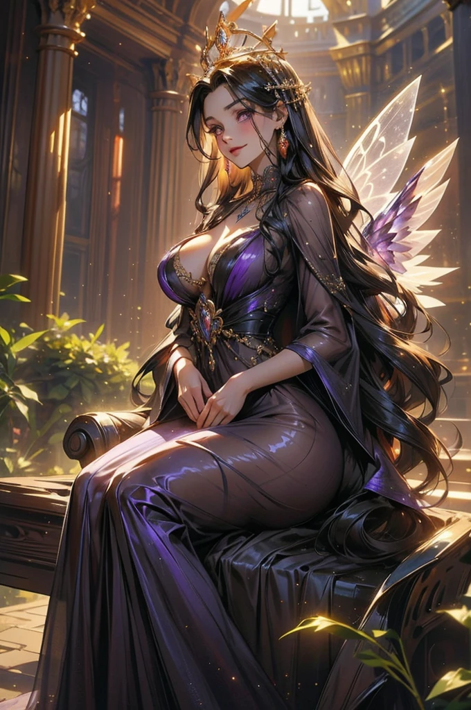 beautiful woman who was looking at him with a beautiful happy smile.
She had long black hair like the purest darkness that fell down her back like a waterfall.
Her amethyst purple eyes was glowed brightly, i can feel being sucked into them.
Her lips were red, her breasts were just the right proportion, not too big and not too small, they were perfect breasts.
She has two transparent wings that make her look like a fairy from Earth's fairy tales.
She is also very tall at 190 cm tall. She was wearing a beautiful purple dress that highlighted her beautiful sensual curves.
She was a beautiful middle aged woman, no she was definitely a super milf.
She was in grand Palace of fairys, and she sitting in her throne like queen with cold expression.