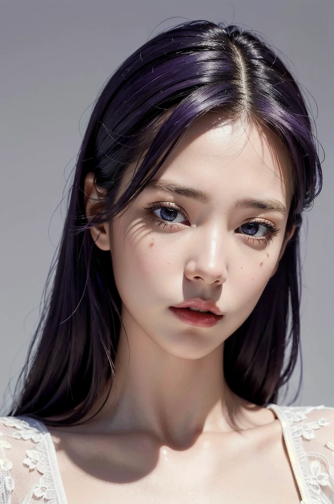 best quality,masterpiece,extremely detailed,high res,4k,ultra high res,detailed shadow,ultra realistic,realistic,dramatic lighting,1girl,solo,detailed face,realistic eyes,realistic skin,white dress,purple hair,dynamic pose, white lace dress