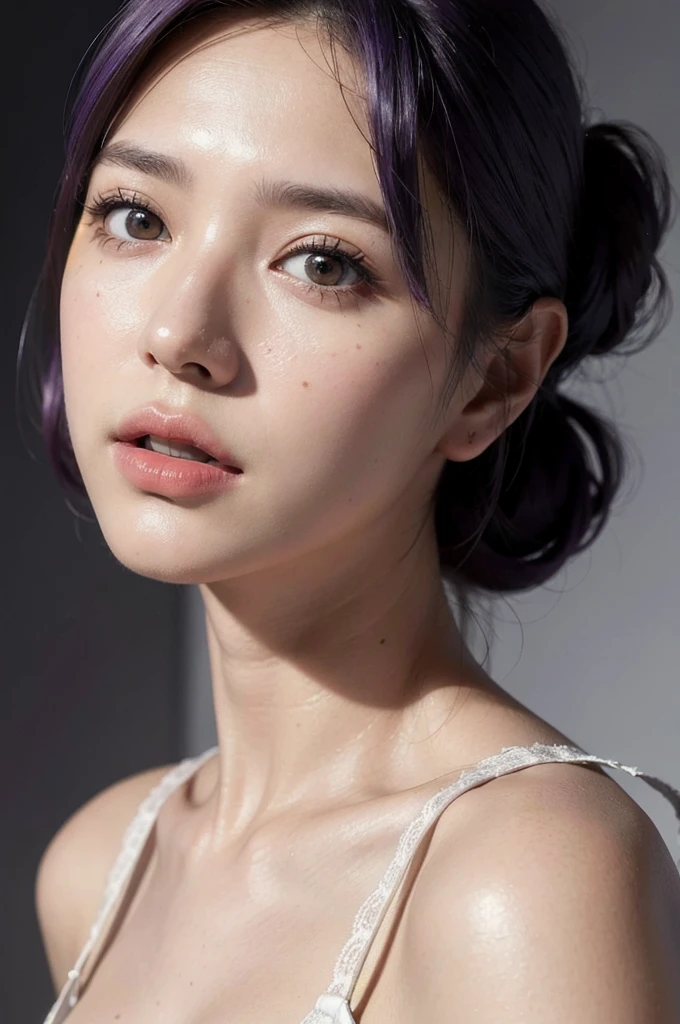 best quality,masterpiece,extremely detailed,high res,4k,ultra high res,detailed shadow,ultra realistic,realistic,dramatic lighting,1girl,solo,detailed face,realistic eyes,realistic skin,white dress,purple hair,dynamic pose, white lace dress