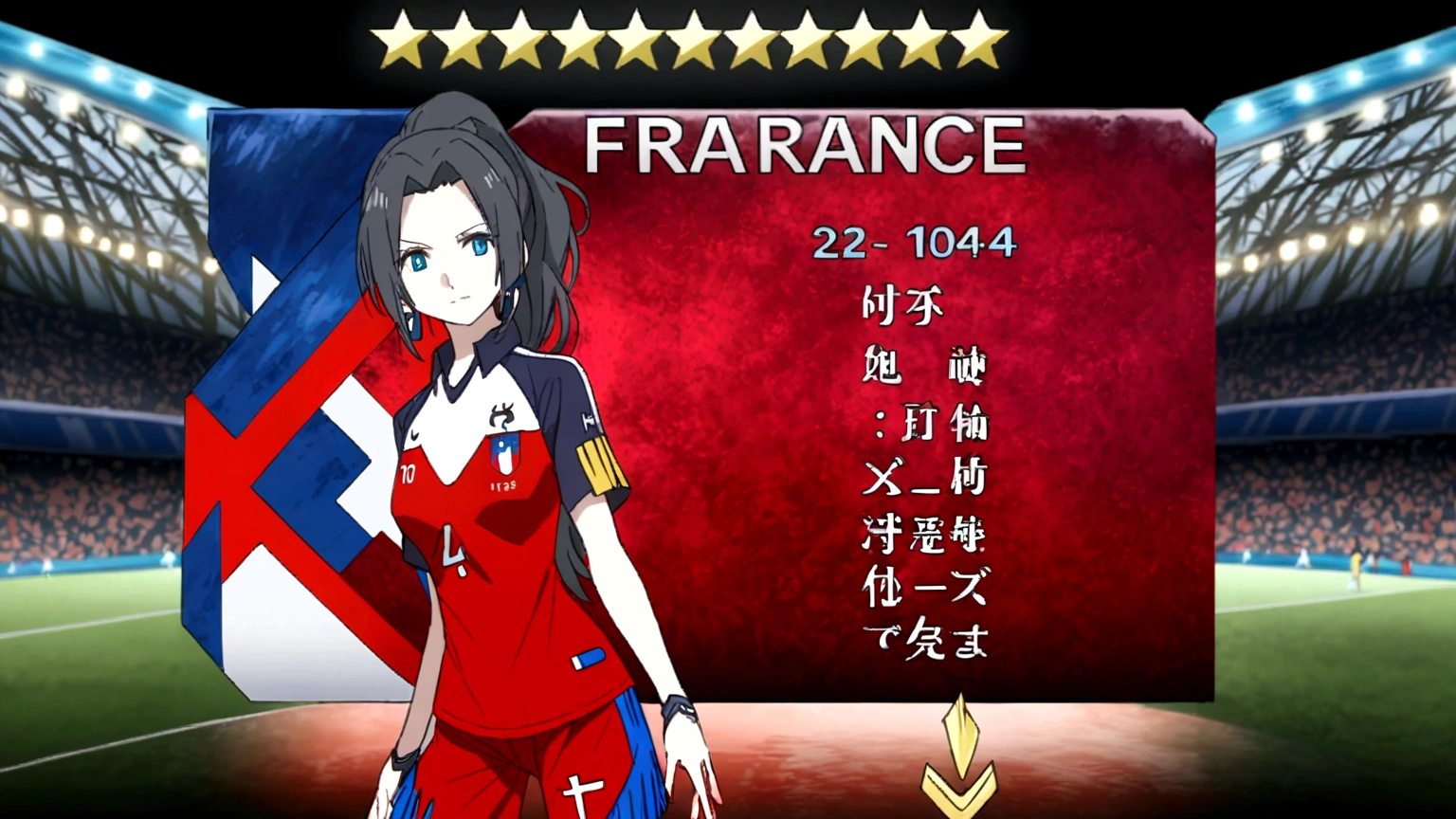 (anime,2D)Women,soccer player,black fur,wide,fringe,collected in a ponytail,clear skin,Light blue eyes,France national team clothing, In a soccer field.